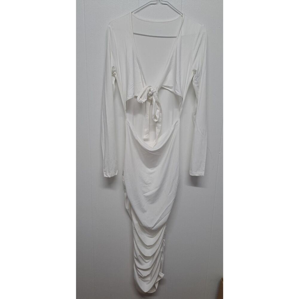 Women's Sexy V Neck Ruched Cutout Long Sleeve Bodycon Club Party Long Dress Sz S